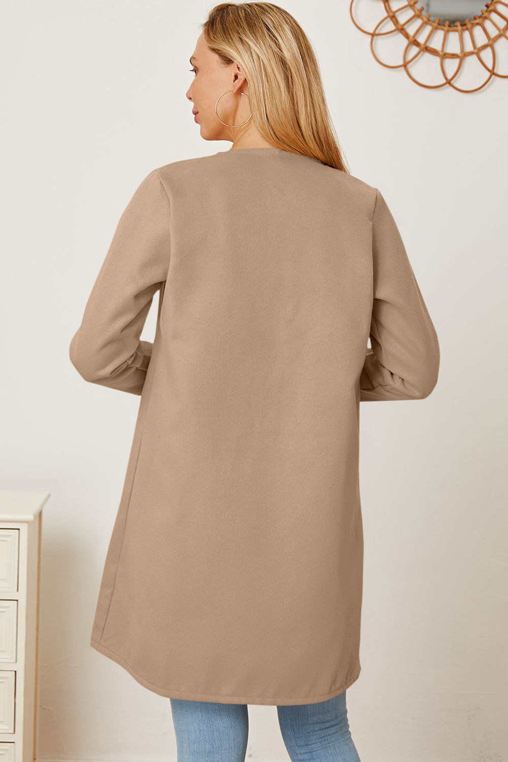 Open Front Pocketed Long Sleeve Coat