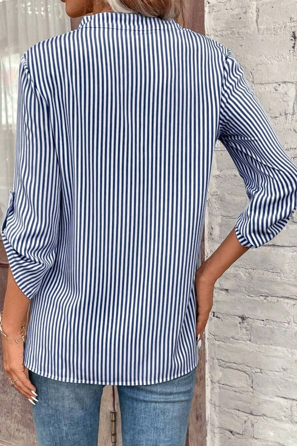 Striped Notched Roll-Tab Sleeve Shirt