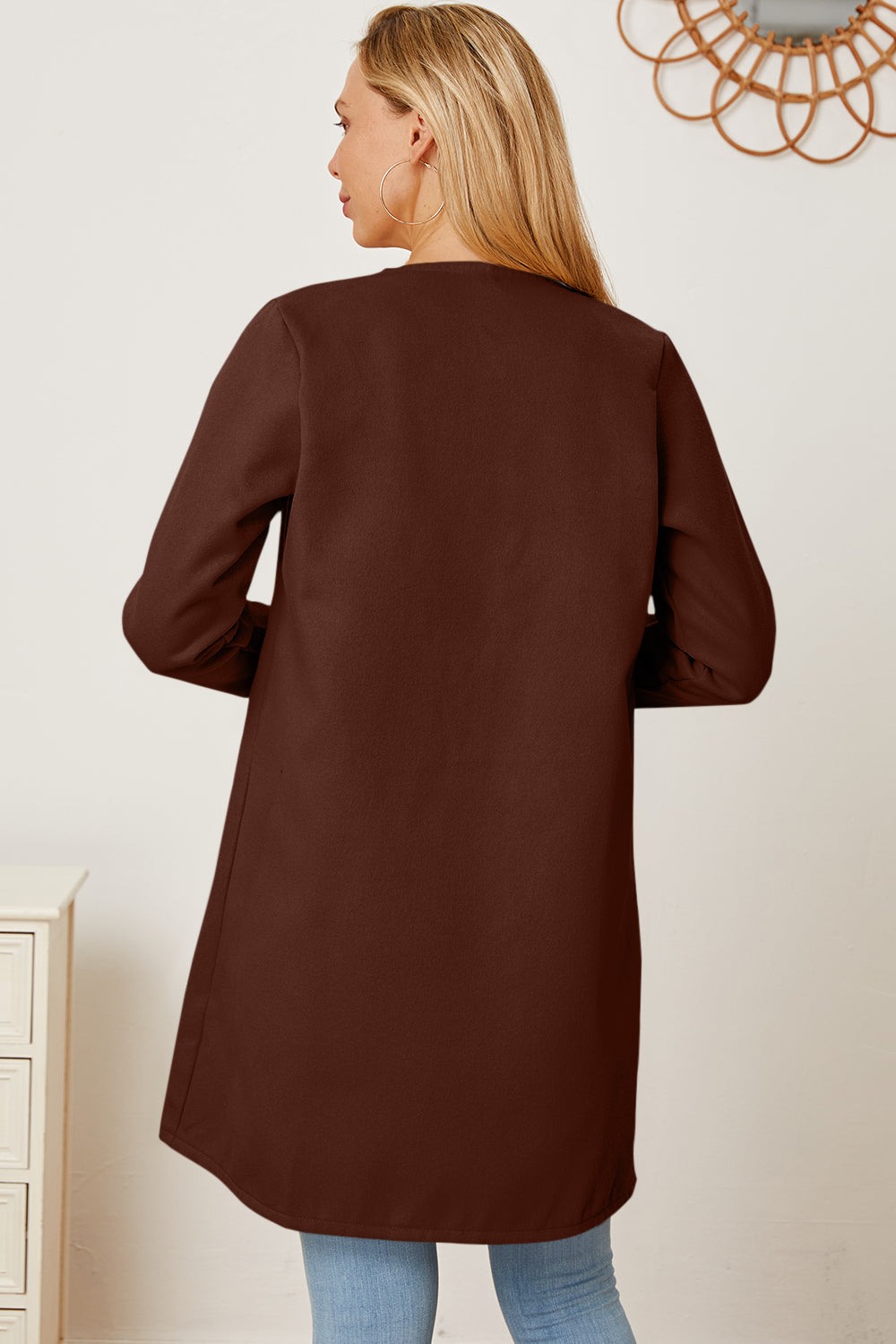 Open Front Pocketed Long Sleeve Coat