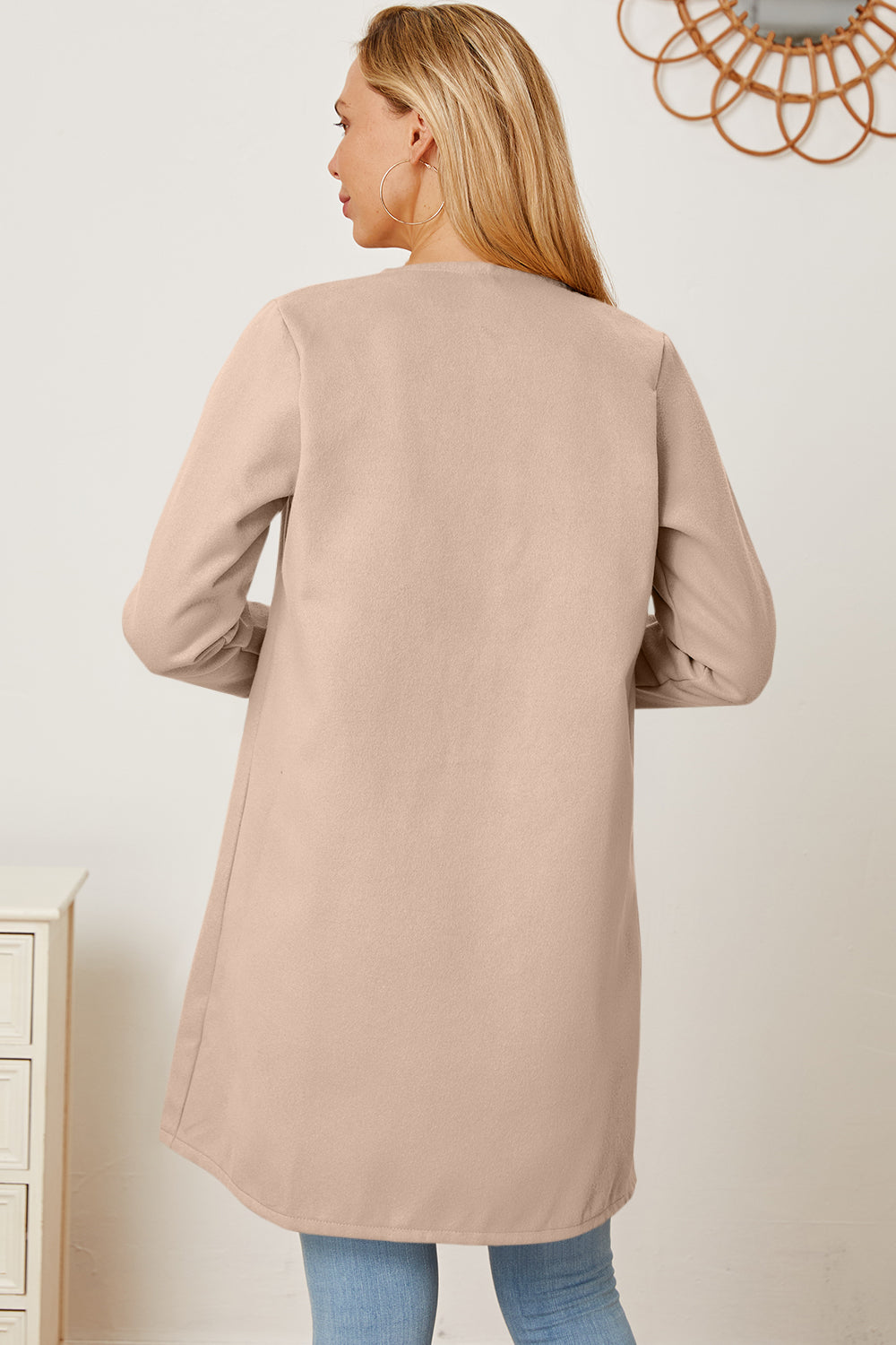 Open Front Pocketed Long Sleeve Coat