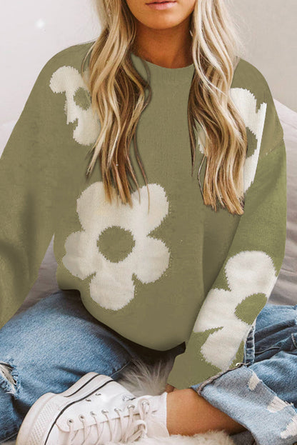 Round Neck Floral Pattern Color Contrast Design Long Sleeve Sweater