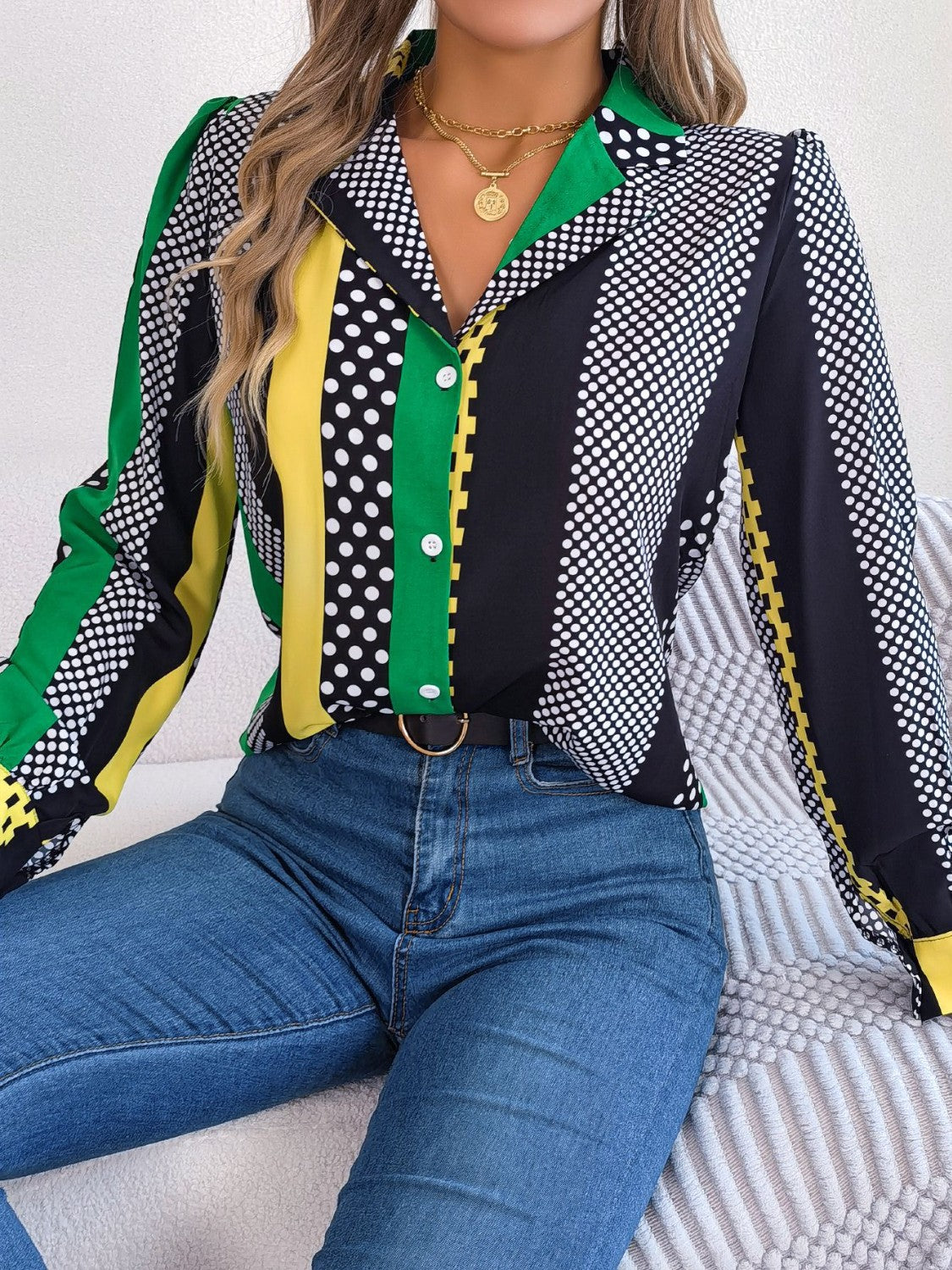 Polka Dot Contrast Long Sleeve Shirt