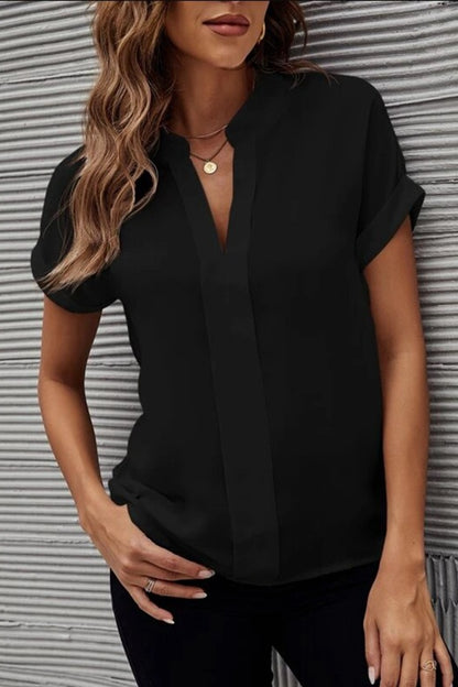 Notched Short Sleeve Blouse