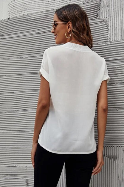 Notched Short Sleeve Blouse