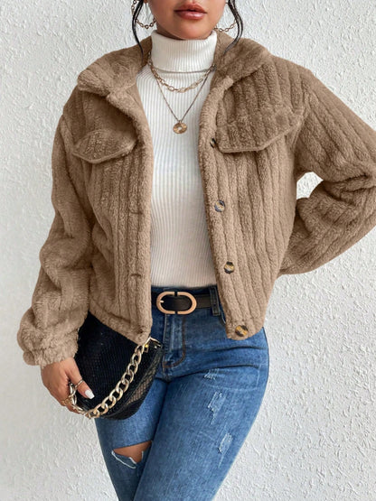 Fuzzy Button Up Collared Neck Jacket