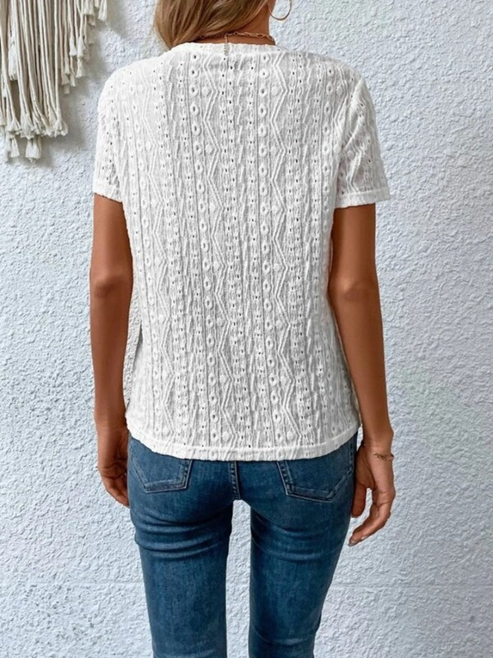 Eyelet Round Neck Short Sleeve T-Shirt