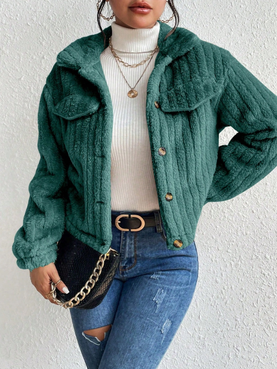 Fuzzy Button Up Collared Neck Jacket