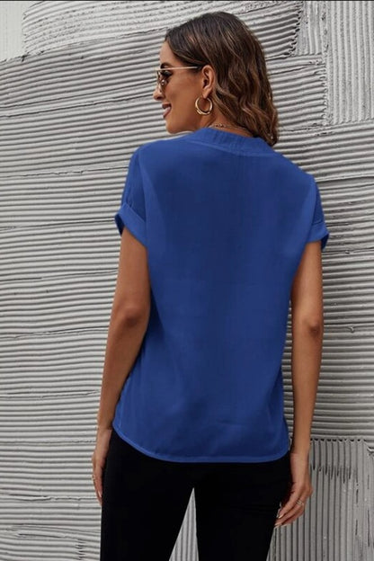 Notched Short Sleeve Blouse