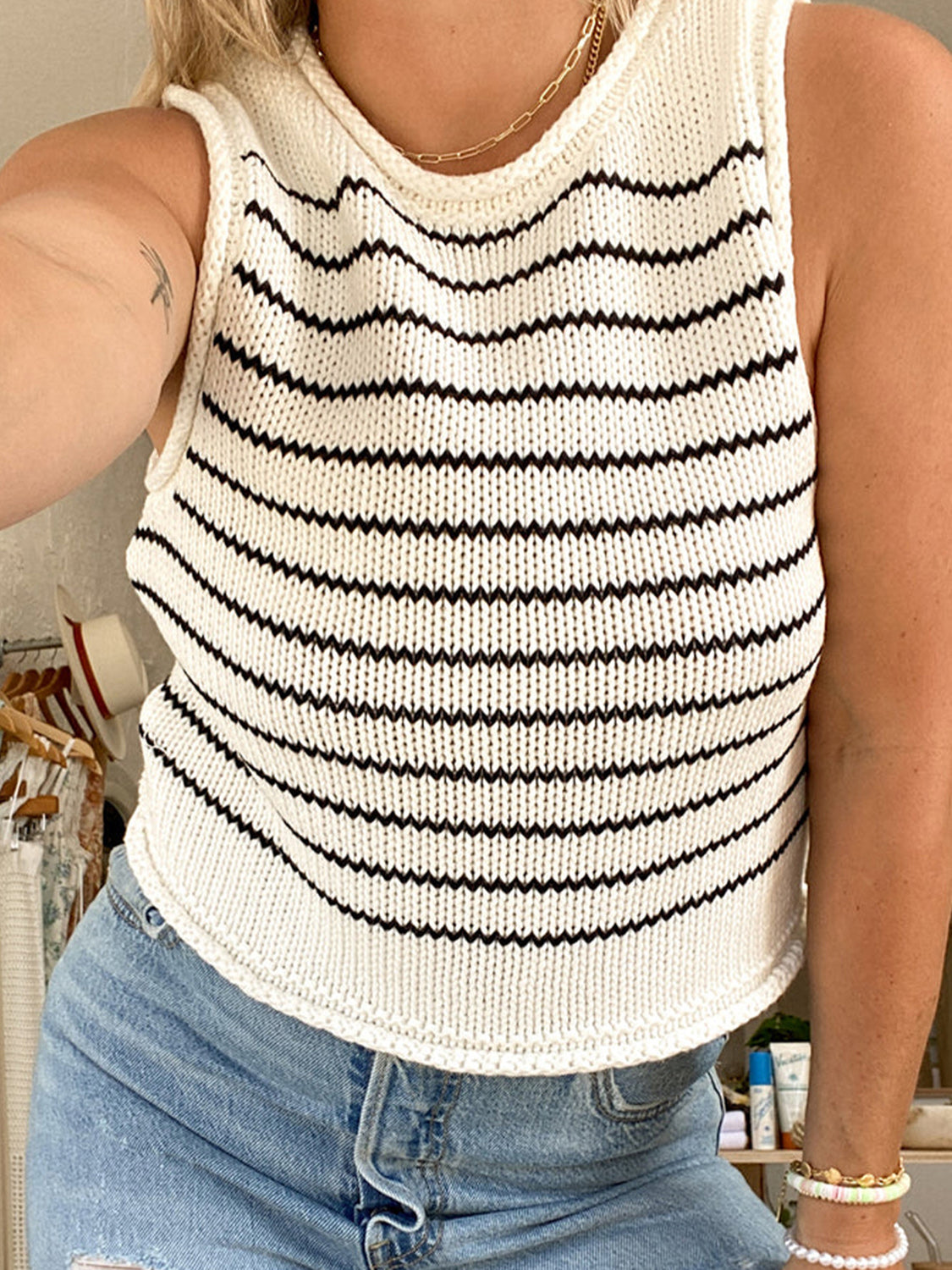 Rolled Striped Round Neck Sweater Vest