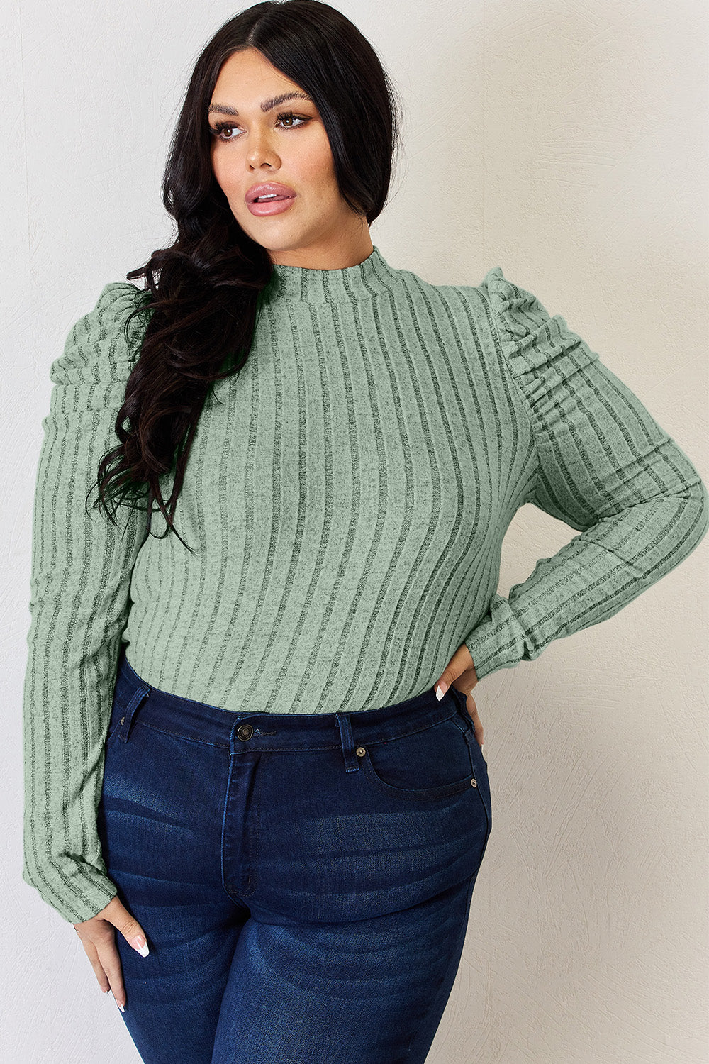 Basic Bae Ribbed Mock Neck Puff Sleeve T-Shirt