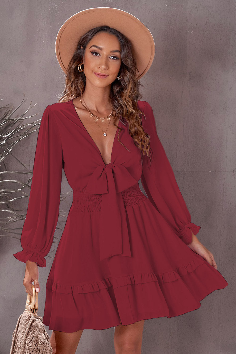 Tied Plunge Smocked Waist Flounce Sleeve Dress