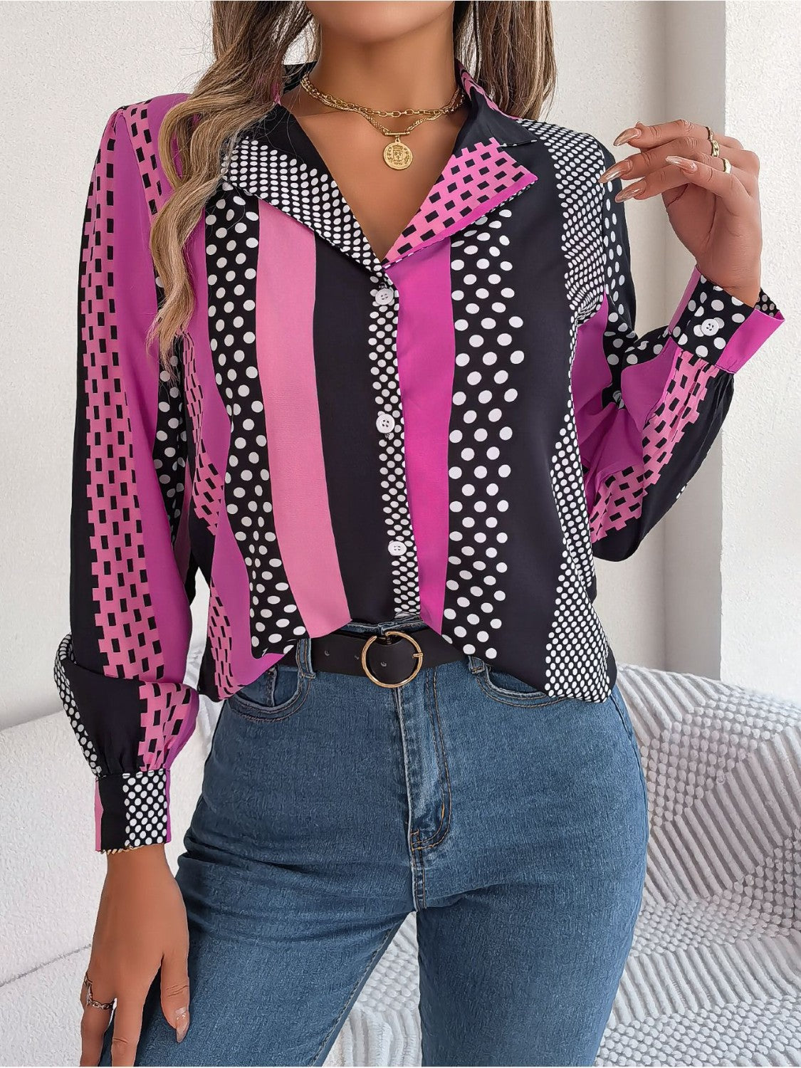 Polka Dot Contrast Long Sleeve Shirt