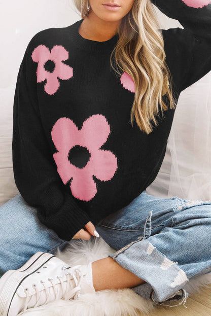 Round Neck Floral Pattern Color Contrast Design Long Sleeve Sweater