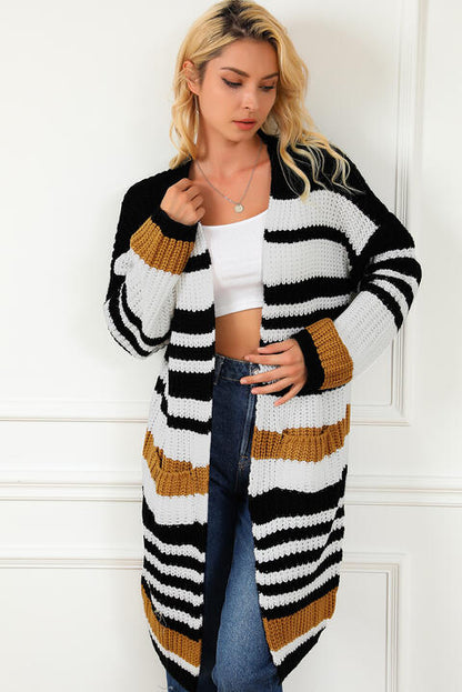 Striped Open Front Cardigan with Pockets