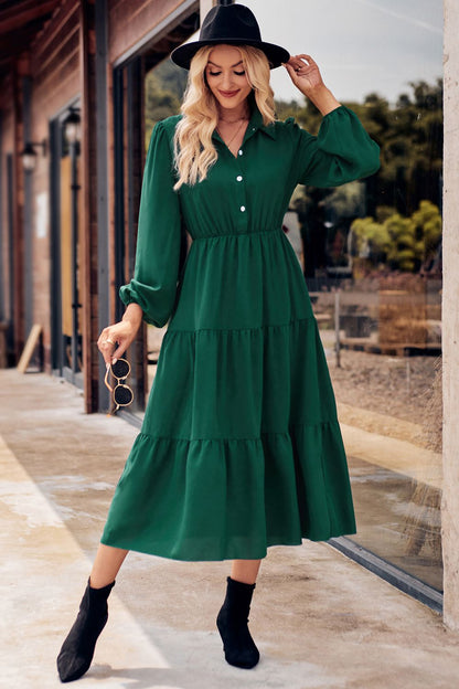 Collared Neck Long Sleeve Midi Dress