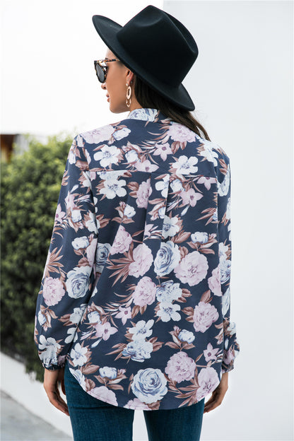 Floral Print Mock Neck Button Front Shirt