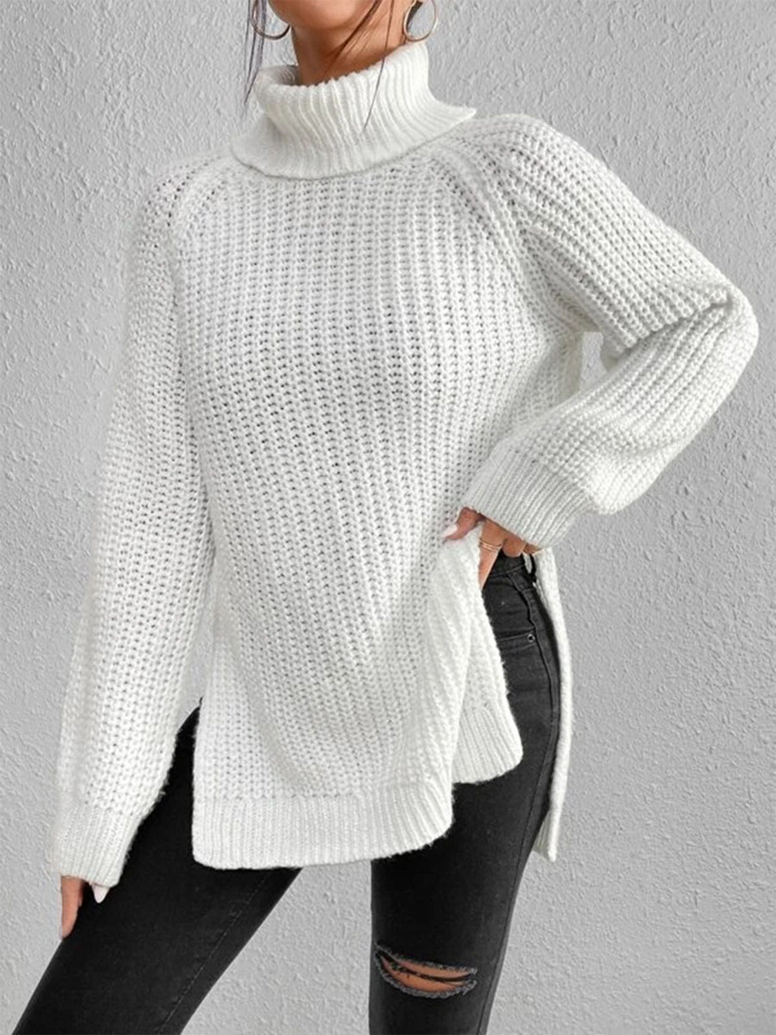 Turtleneck Rib-Knit Slit Sweater