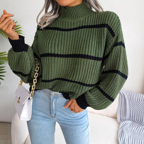 Striped Mock Neck Dropped Shoulder Sweater