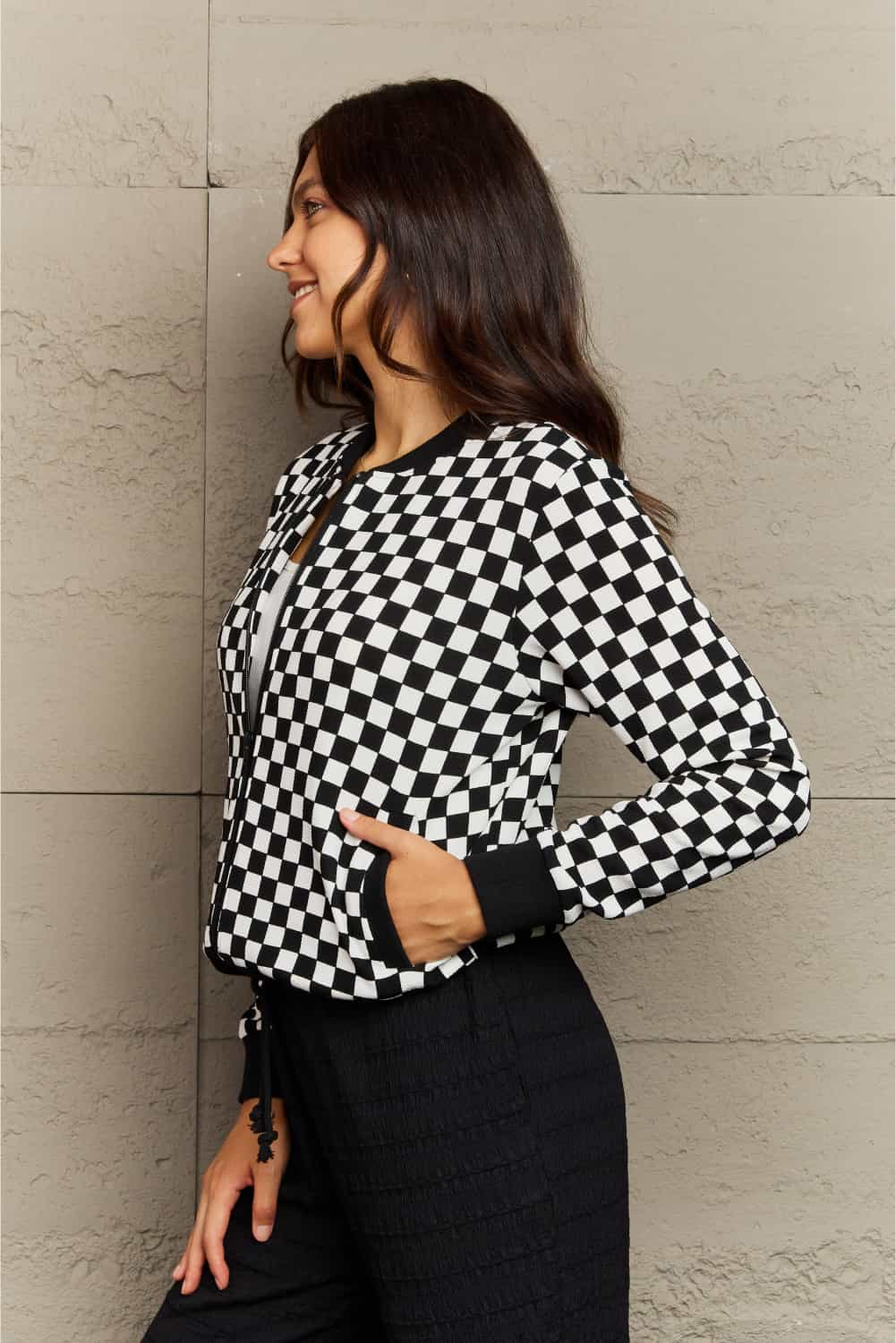 Ninexis Plaid Round Neck Long Sleeve Jacket