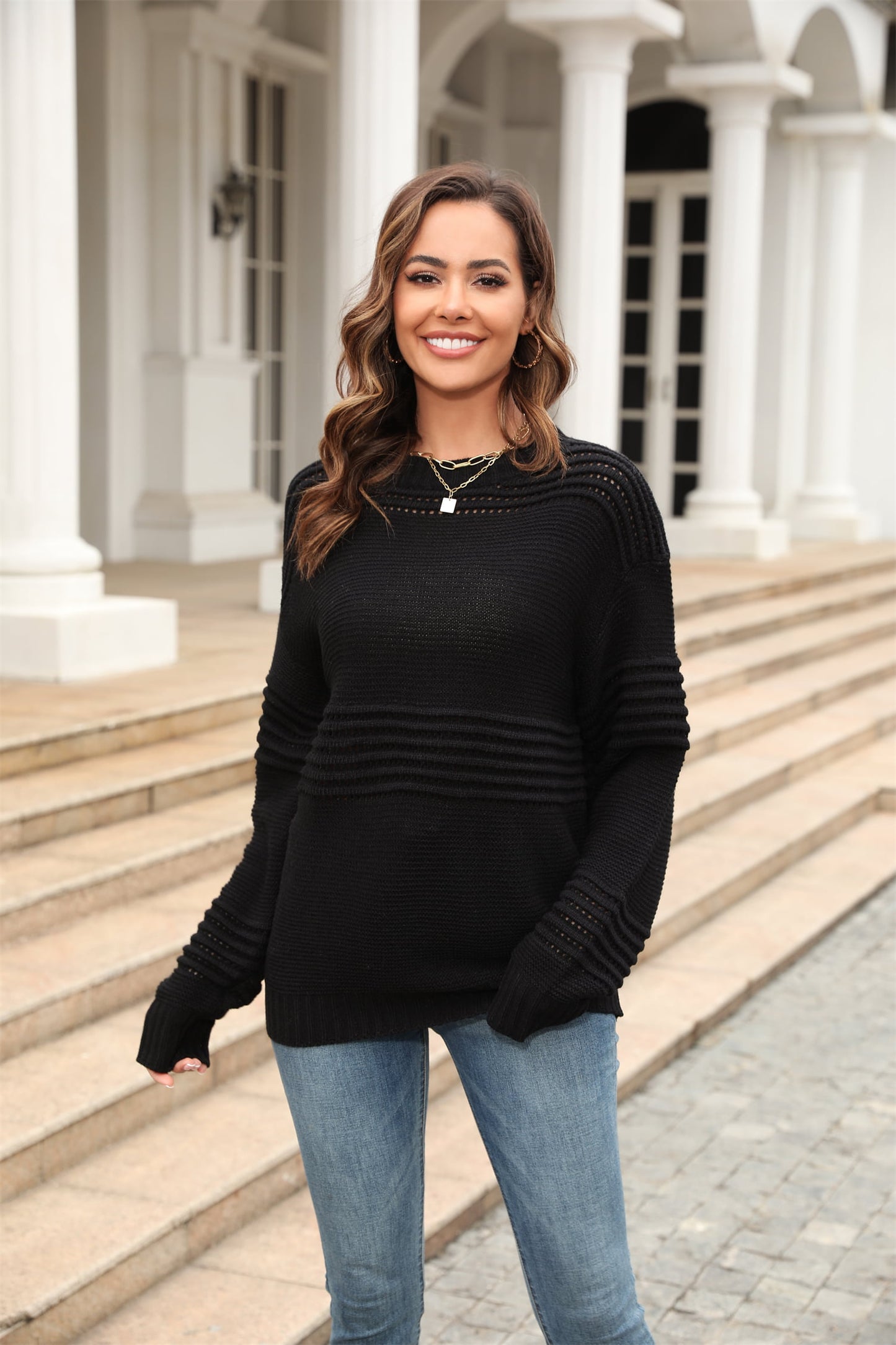 Round Neck Openwork Long Sleeve Pullover Sweater