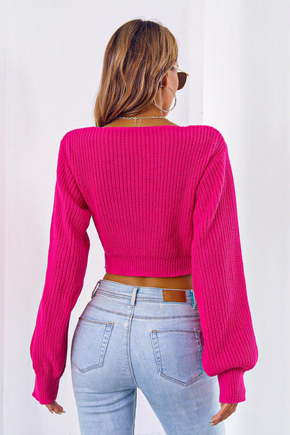 Bow V-Neck Long Sleeve Cropped Sweater