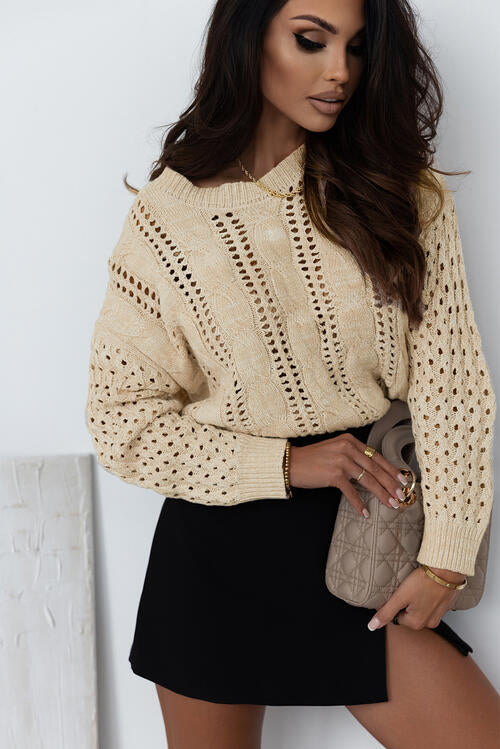 Openwork Cable-Knit Round Neck Knit Top