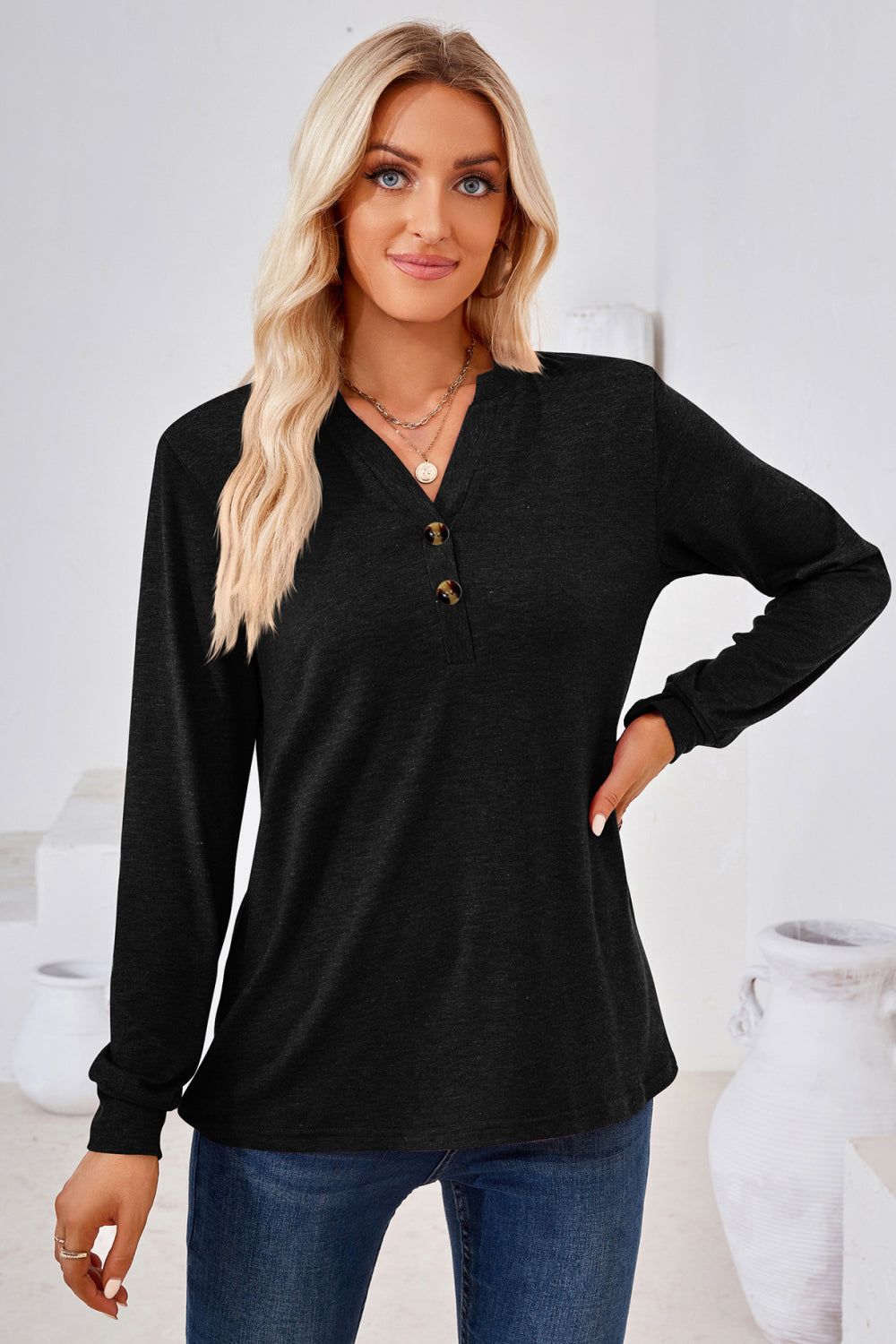 V-Neck Buttoned Long Sleeve Blouse