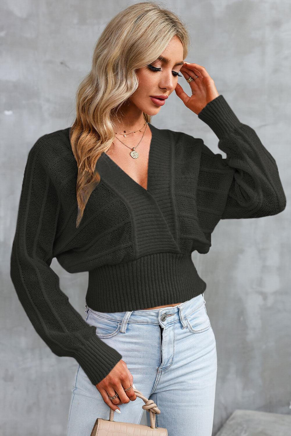 Surplice Neck Lace-Up Sweater