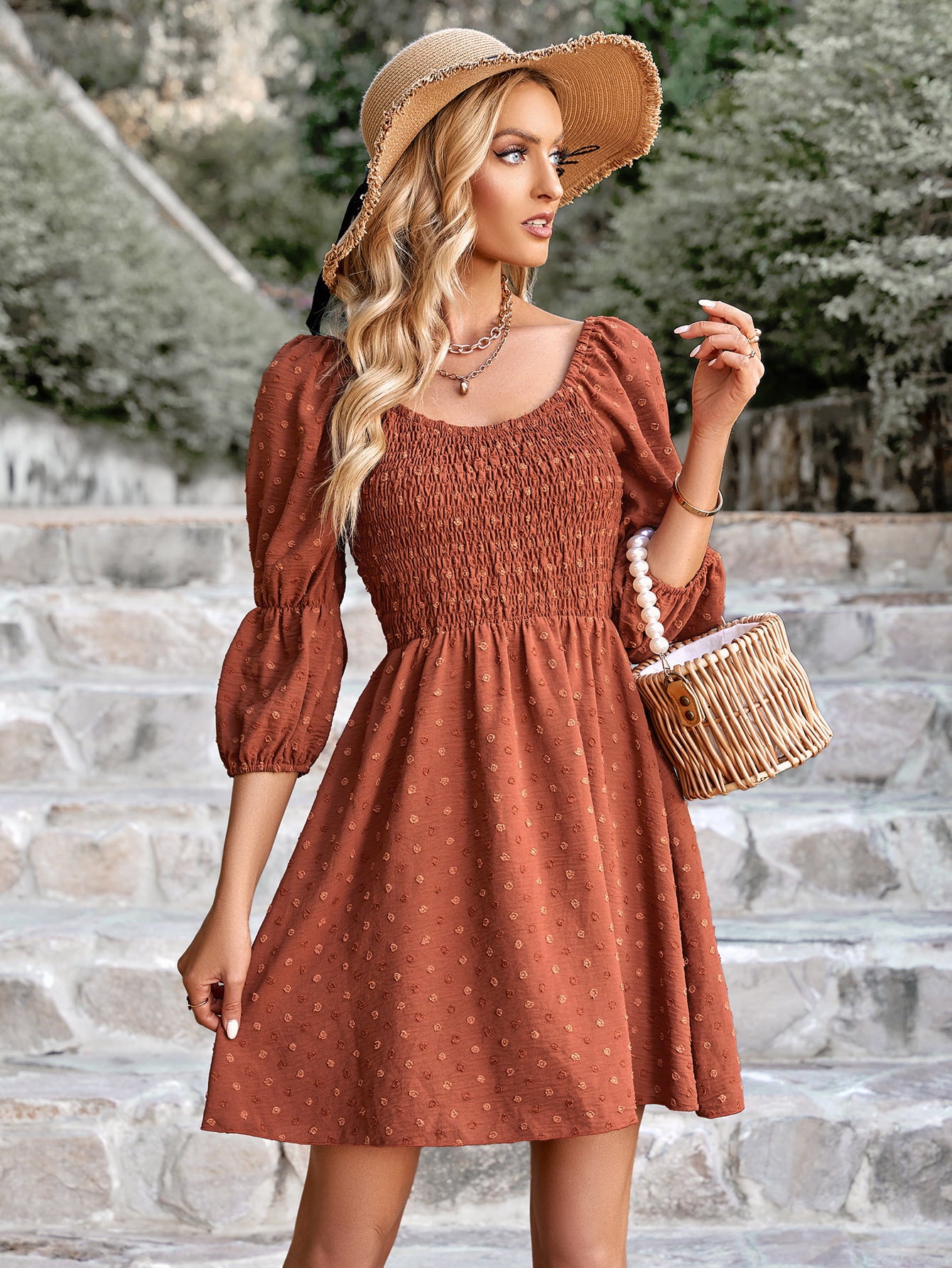 Swiss Dot Smocked Scoop Neck Dress