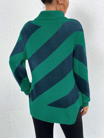 Striped Turtleneck Dropped Shoulder Sweater