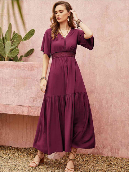 Openwork V-Neck Flare Sleeve Ruched Dress