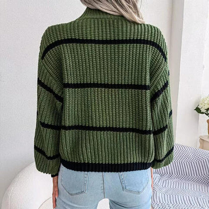 Striped Mock Neck Dropped Shoulder Sweater