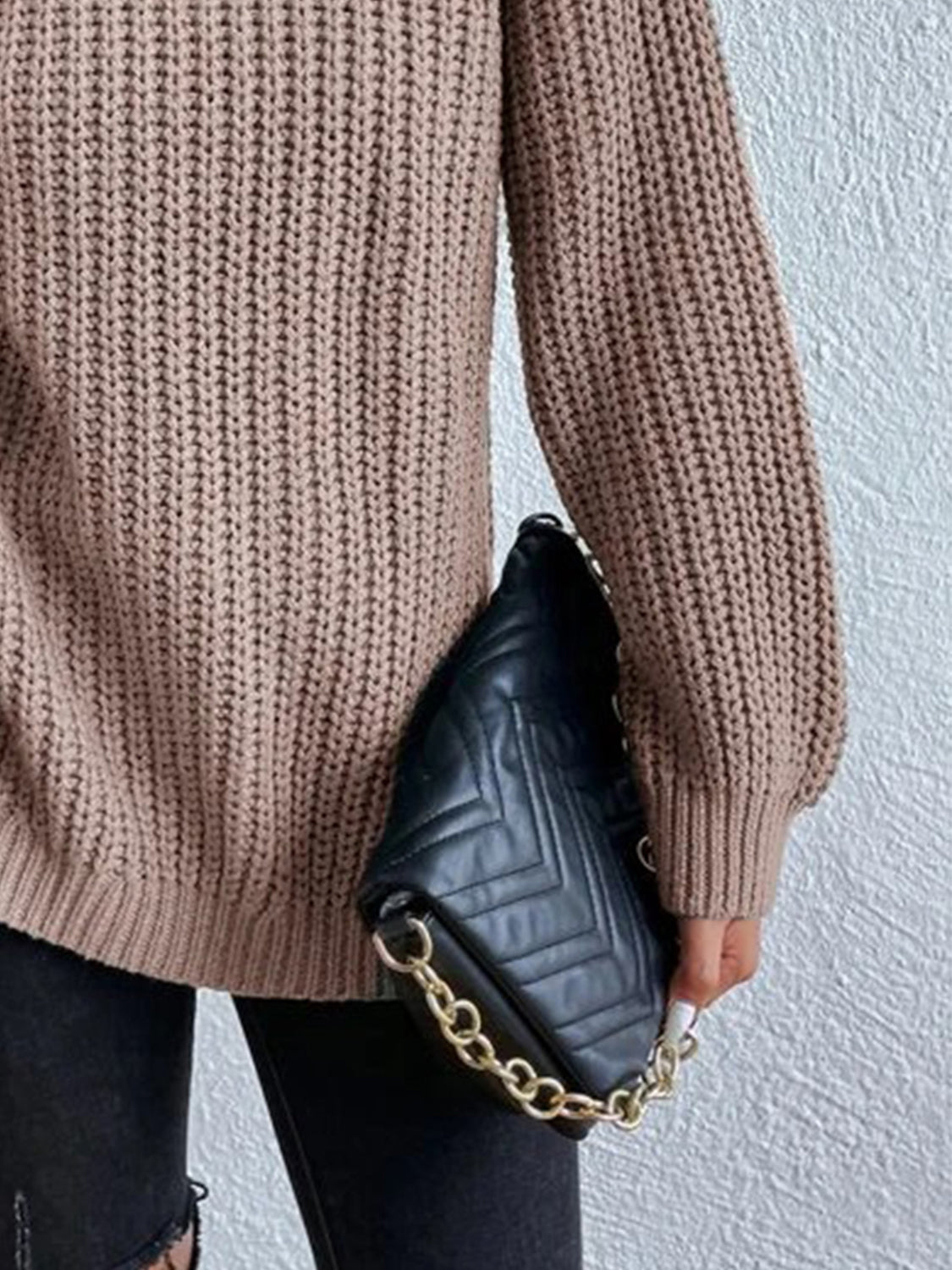 Turtleneck Rib-Knit Slit Sweater