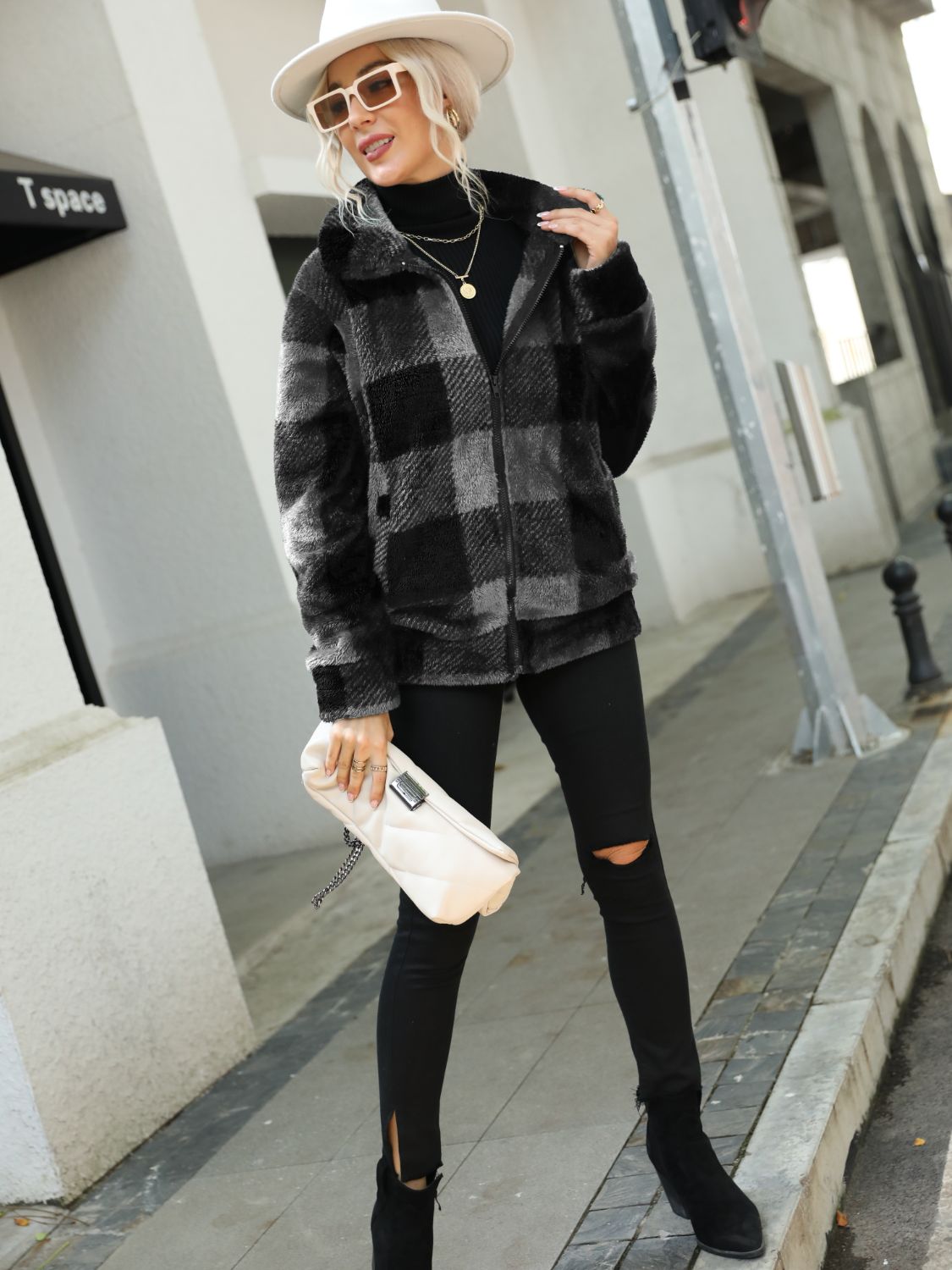 Plaid Zip-Up Collared Jacket