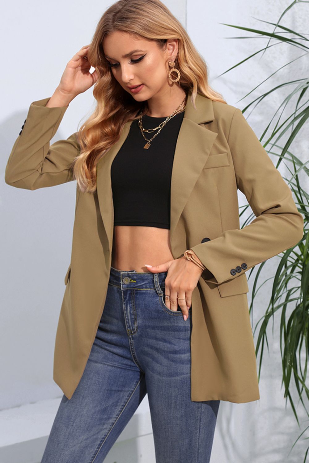 Lapel Neck Long Sleeve Blazer with Pockets