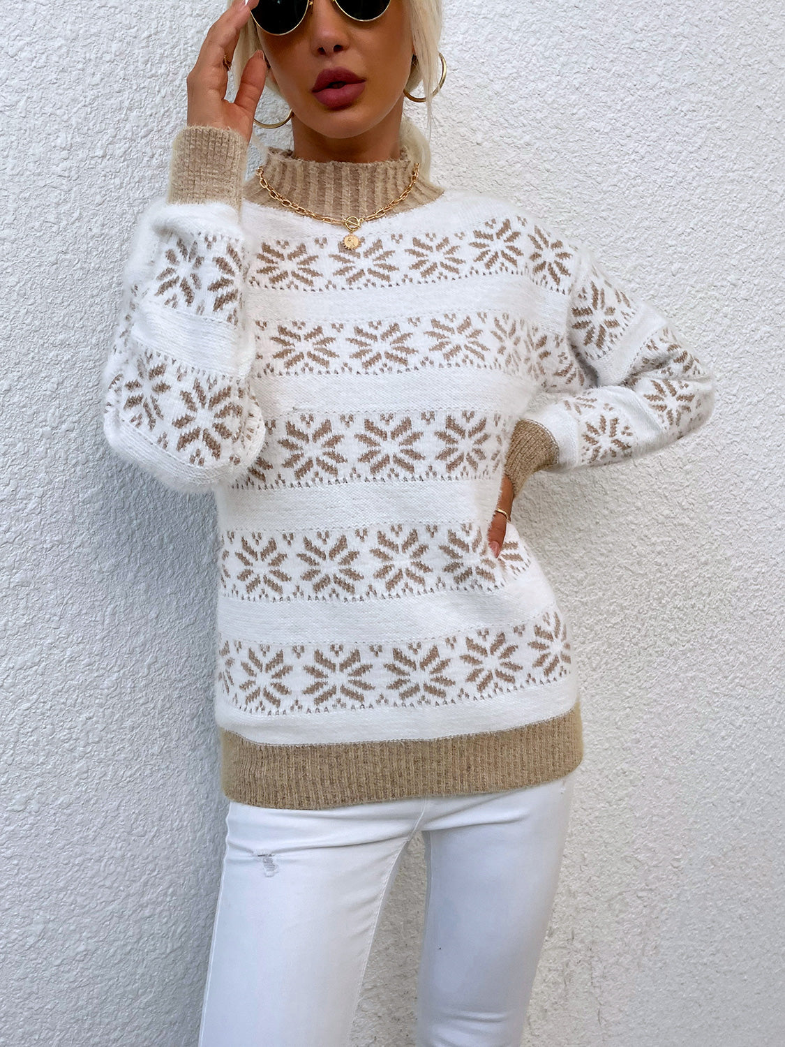 Snowflake Pattern Mock Neck Sweater