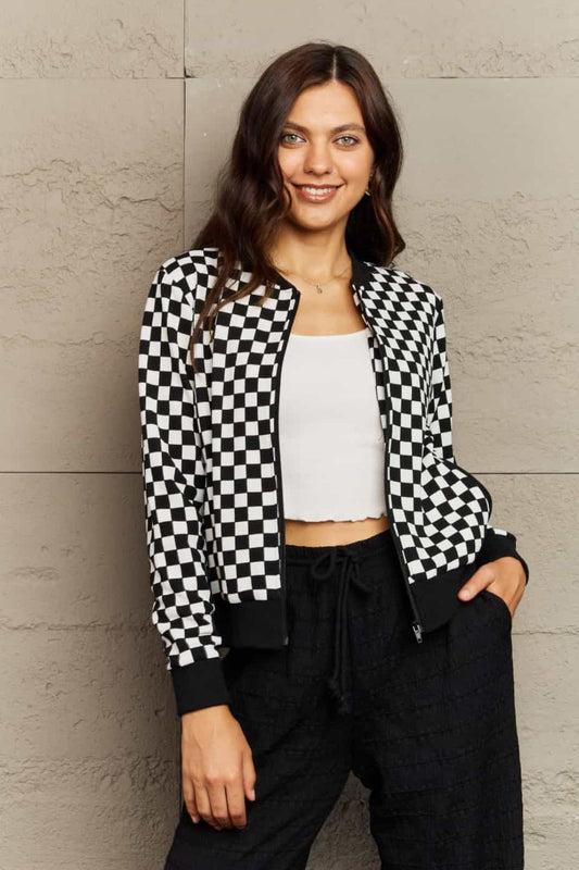 Ninexis Plaid Round Neck Long Sleeve Jacket