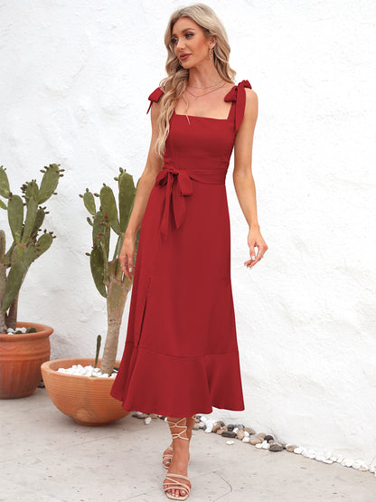 Square Neck Tie Strap Midi Dress