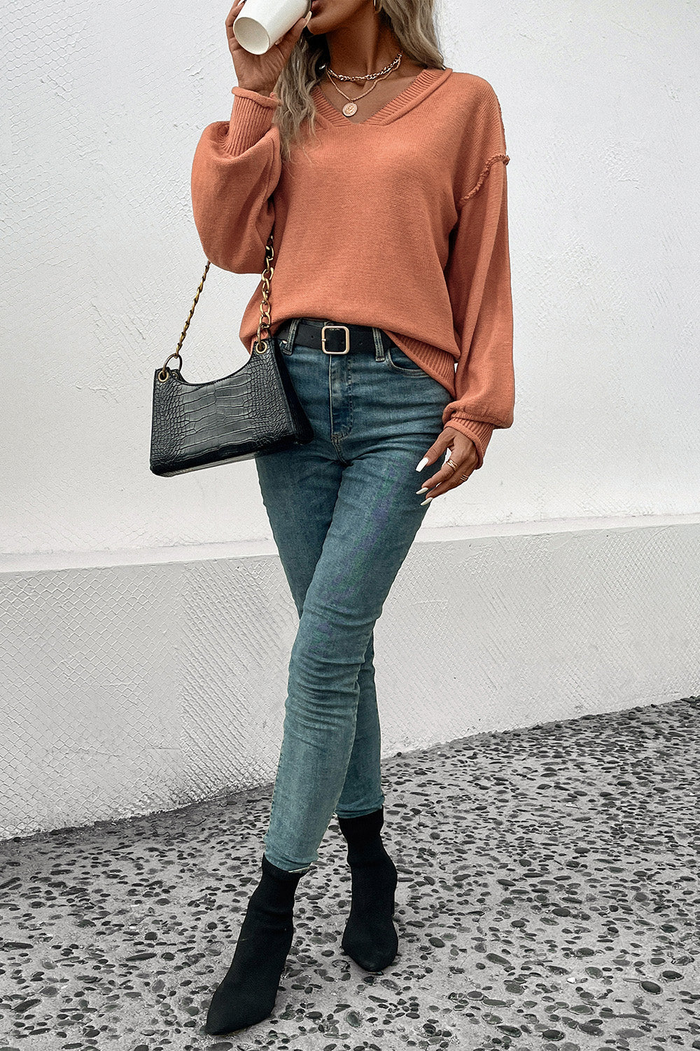 V-Neck Exposed Seam Sweater