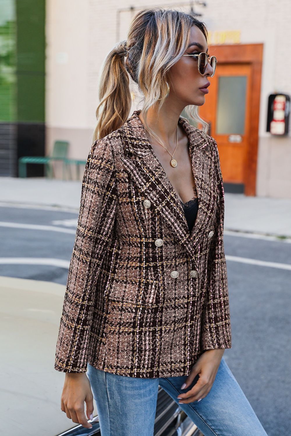 Plaid Buttoned Blazer