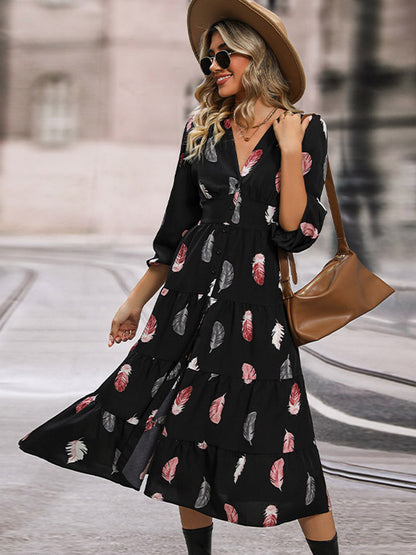 Printed V-Neck Slit Dress