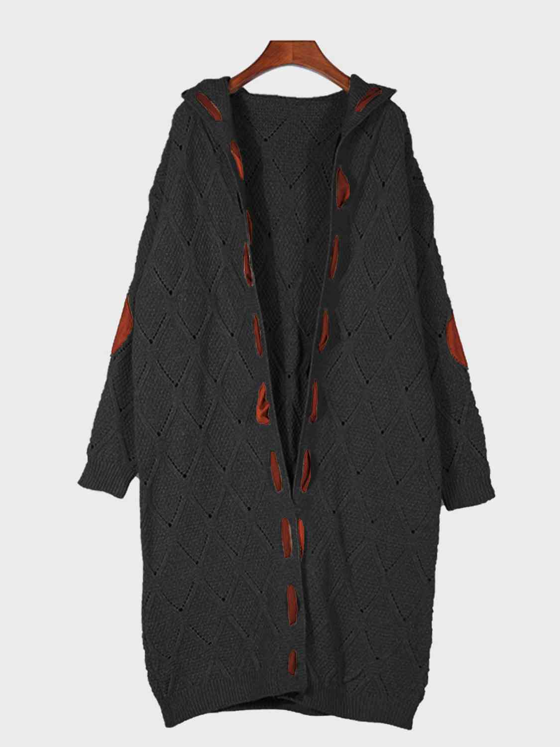 Openwork Long Sleeve Open Front Hooded Cardigan