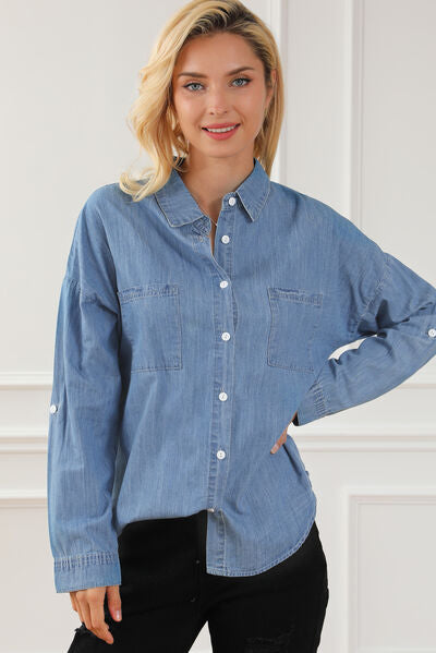 Pocketed Button Up Collared Neck Denim Top