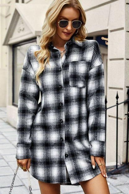 Plaid Curved Hem Longline Shirt Jacket