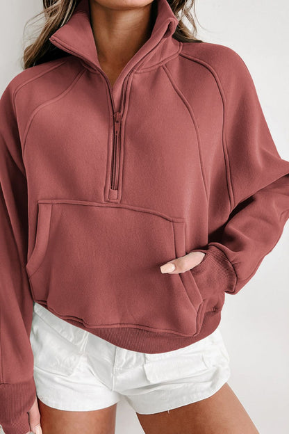 Zip-Up Collared Neck Raglan Sleeve Blouse