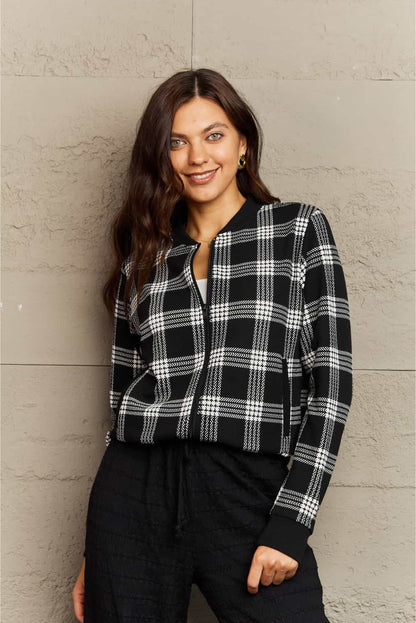 Ninexis Plaid Round Neck Long Sleeve Jacket