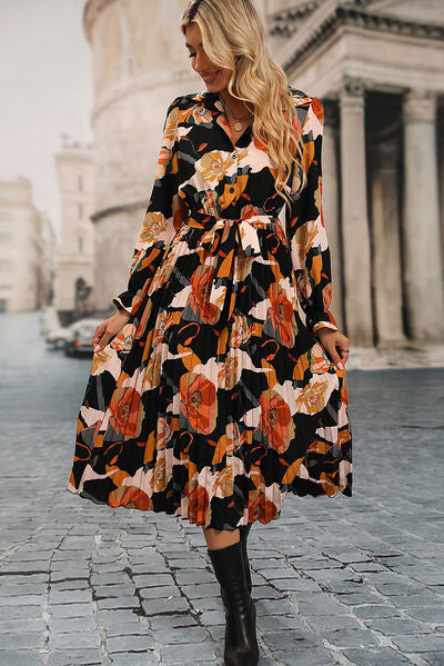 Printed Half Button Tie-Waist Pleated Dress