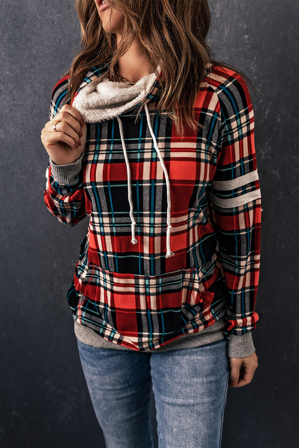 Plaid Drawstring Long Sleeve Sweatshirt