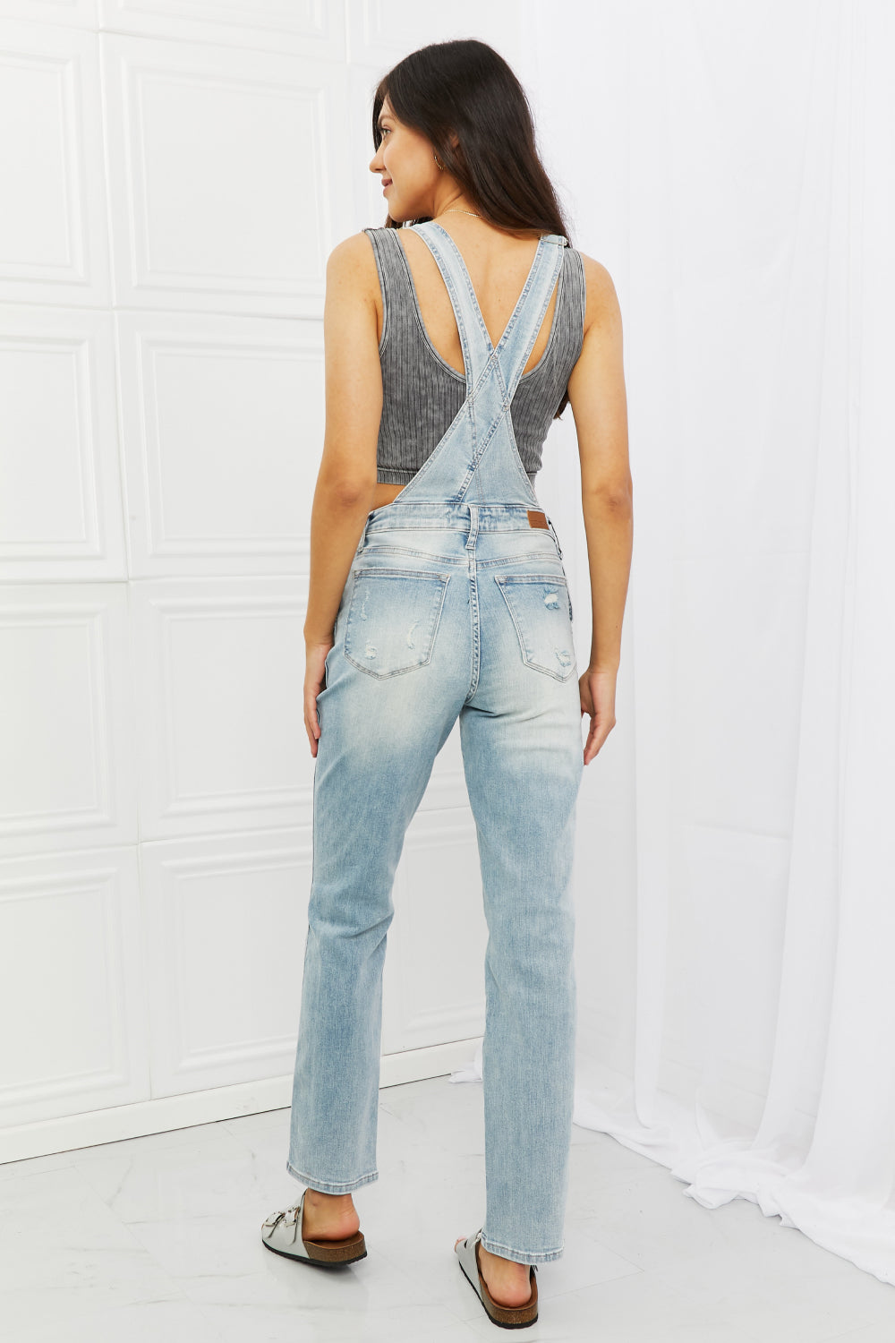 Melina Distressed Straight Leg Overalls