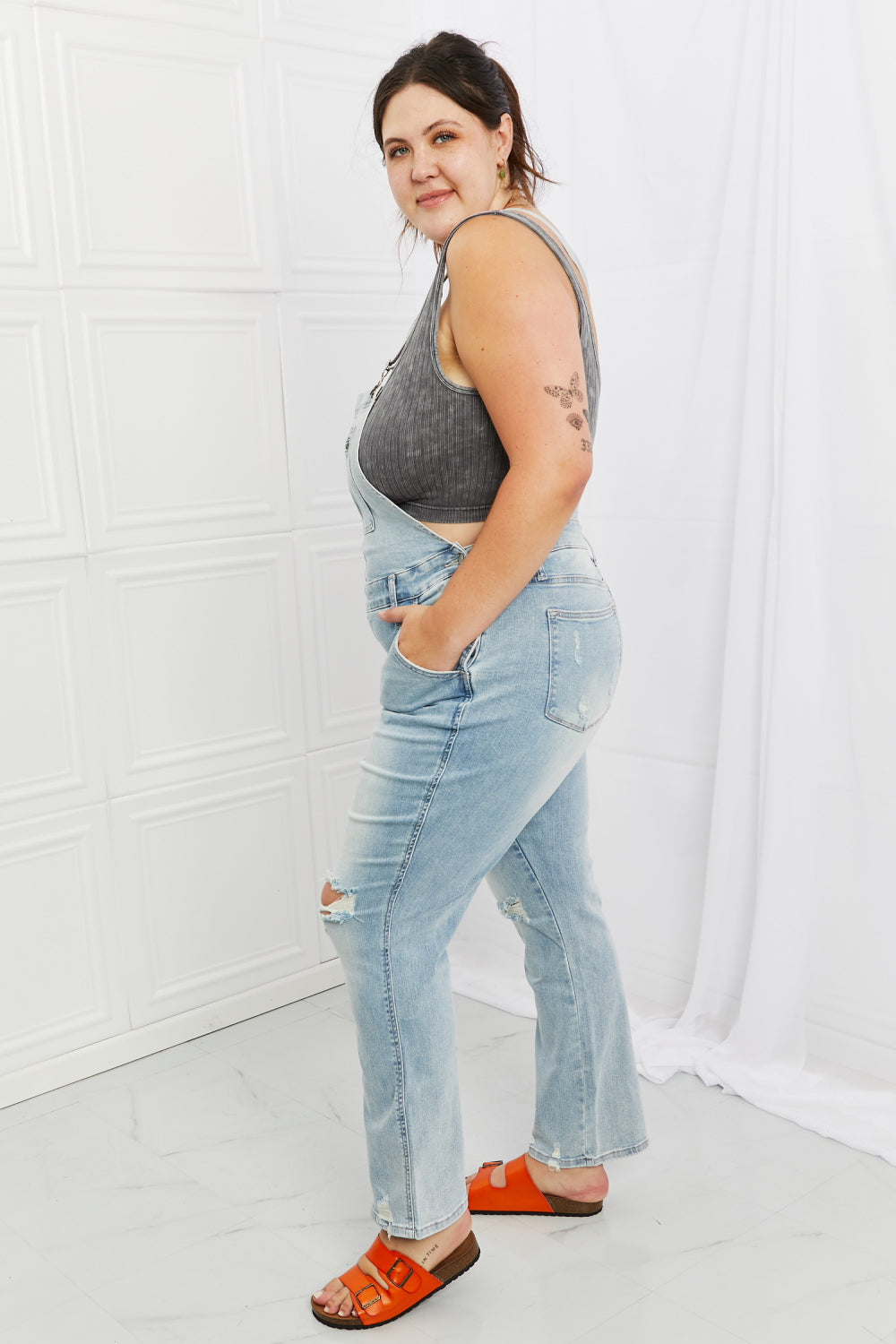 Melina Distressed Straight Leg Overalls